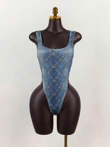 SaltGleam SaltGleam Women's Fashion Street Style Faux Denim Print Square Neck Thick Strap Backless Bodysuit Y2k Tankini Western Bathing Suit Rhinestone Swimsuit Western Swimsuits Denim Swimsuit - Blue - View 6
