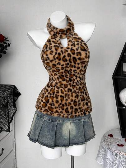 Sunspun Áo croptop hở lưng họa tiết da báo gợi cảm, chất liệu lông xù, kiểu dáng đường phố năng động dành cho nữ, trang phục mùa hè thời trang.