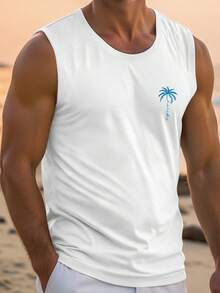 Manfinity Chillmode 男士棕榈树印花圆领休闲百搭背心 - 白色 - 查看 1