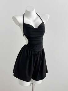 Elamini Women's Summer Casual Black Hollow Out Plunging Neck Jumpsuit - Black - View 3