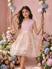 Pitira 儿童夏季服装，蓬蓬裙公主风连衣裙，背心钢琴表演服，适合正式场合、派对、生日、女孩日常穿着，青少年女孩派对礼服，优雅浅粉色花朵连衣裙，粉彩色系连衣裙，正式礼服，灰粉色舞会礼服，优雅派对礼服，3D花朵连衣裙，腮红粉色连衣裙，花朵连衣裙，青少年女孩浅粉色连衣裙，女孩优雅春季连衣裙，浅粉色女孩派对连衣裙 - 粉色 - 查看 6