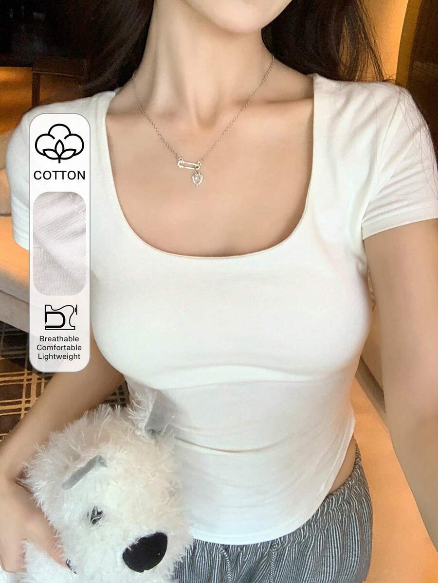 DAZY 女士休闲圆领修身纯色T恤 夏季 - 白色 - 查看 1