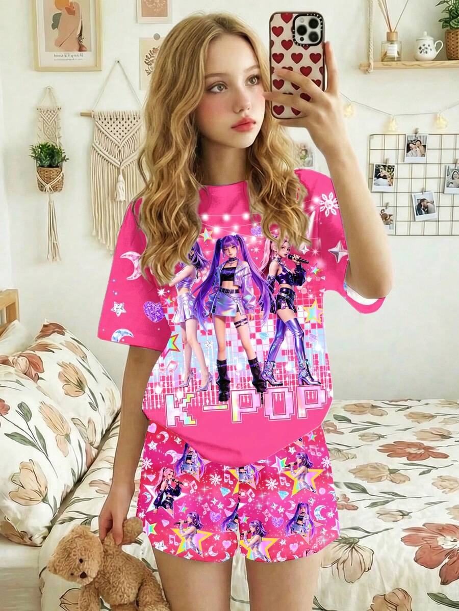 少女休闲卡通字母印花短袖上衣短裤套装,适合夏季穿着 - 彩色 - 查看 1
