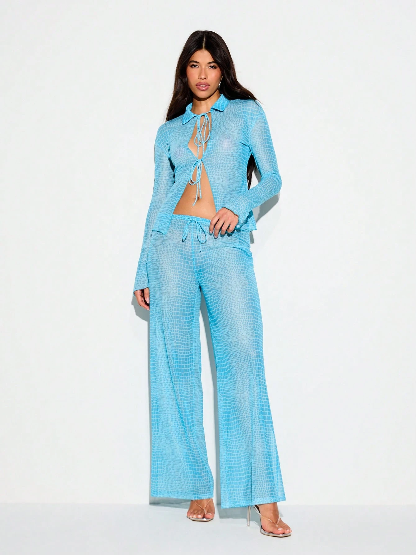 KIZN Crocodile Print Mesh Shirt With Tie Detail