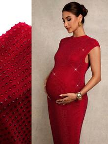 MaterniChic 孕妇时尚性感水钻装饰蝙蝠袖紧身连衣裙，夏季 - 紅色 - 查看 1