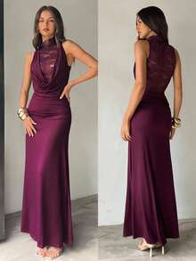 Aloruh Women's Elegant Drap Neck Fitted Lace Pathwork Maxi Dress,Women Night Out Wedding Guest ,Sun Dresses For Women,Fall - Purple - View 2