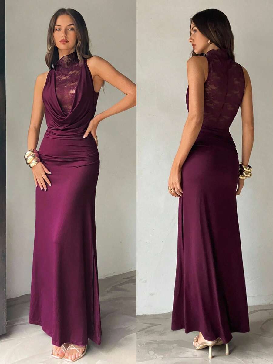 Aloruh Women's Elegant Drap Neck Fitted Lace Pathwork Maxi Dress,Women Night Out Wedding Guest ,Sun Dresses For Women,Fall