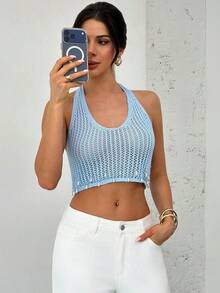 Firerie Women's Hollow-Out Pearl Tassel Knit Halter Top, Spring/Summer - Blue - View 4