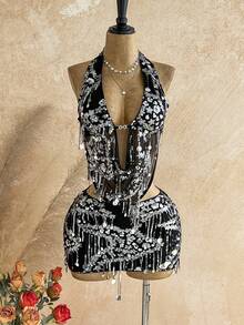 Soleia Bộ 2 món gồm áo yếm và chân váy ngắn đính sequin lấp lánh, thích hợp cho các lễ hội âm nhạc, tiệc tùng, Tết Nguyên đán, hội nghị thường niên, Giáng sinh, Halloween. - màu đen - Xem 5