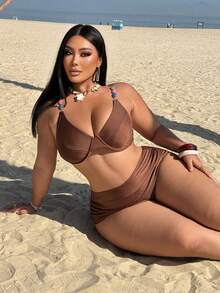 Swim Chiccia 大码女士软杯钢圈比基尼上衣和印花三角比基尼下装套装 - 巧克力棕 - 查看 4