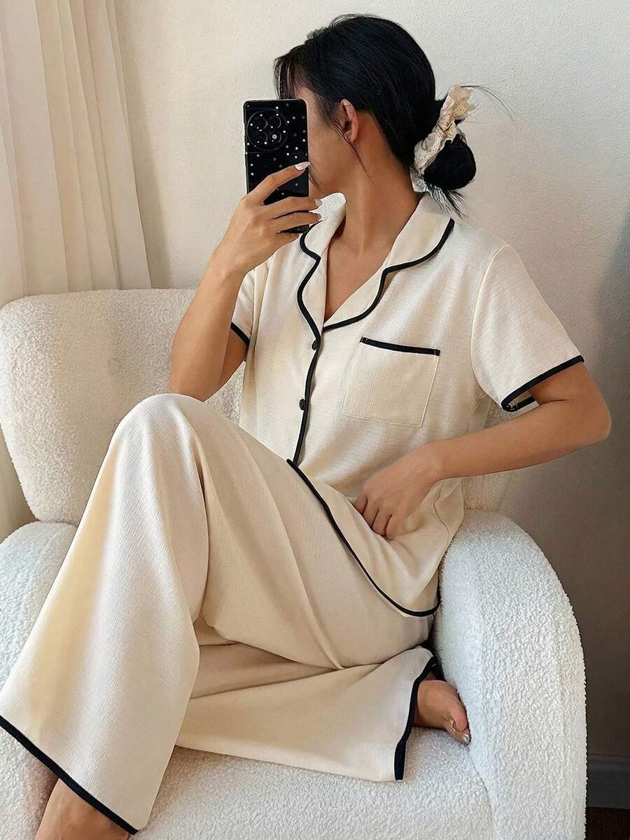 SHEIN Bộ đồ ngủ thoải mái cho bé gái tuổi teen, màu mơ, chất liệu chiffon mềm mại, cổ áo phối viền tương phản, gồm áo khoác cardigan và quần dài. - Màu be - Xem 1