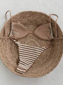 Swim Vcay 2026 Spring/Summer Adjustable Strap Crochet Fabric Pearlescent Accent Bikini Set, Backless Side High Cut Two Pieces Swimsuit For Women - Brown - View 2