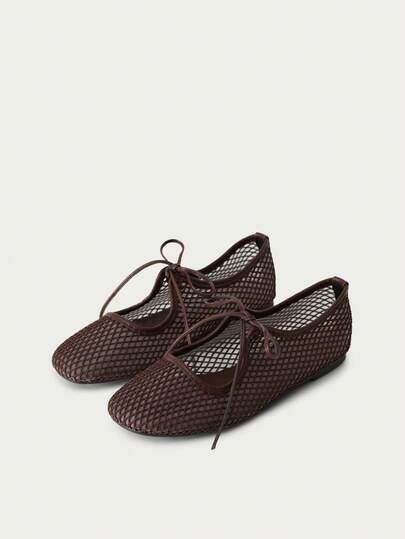 Nöista Brown Mesh Ballet Sandals Featuring A Delicate Tie-Front Detail And A Breathable Honeycomb Texture For A Chic, Lightweight Take On The Classic Flat With Everyday Comfort.