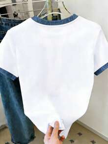 Franclia 女士圆领撞色滚边字母蝴蝶结印花休闲百搭日常短袖T恤 - 彩色 - 查看 2