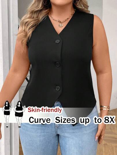 SHEIN CURVE+ Plus Size Women Black Button Front Sleeveless Vest Jacket