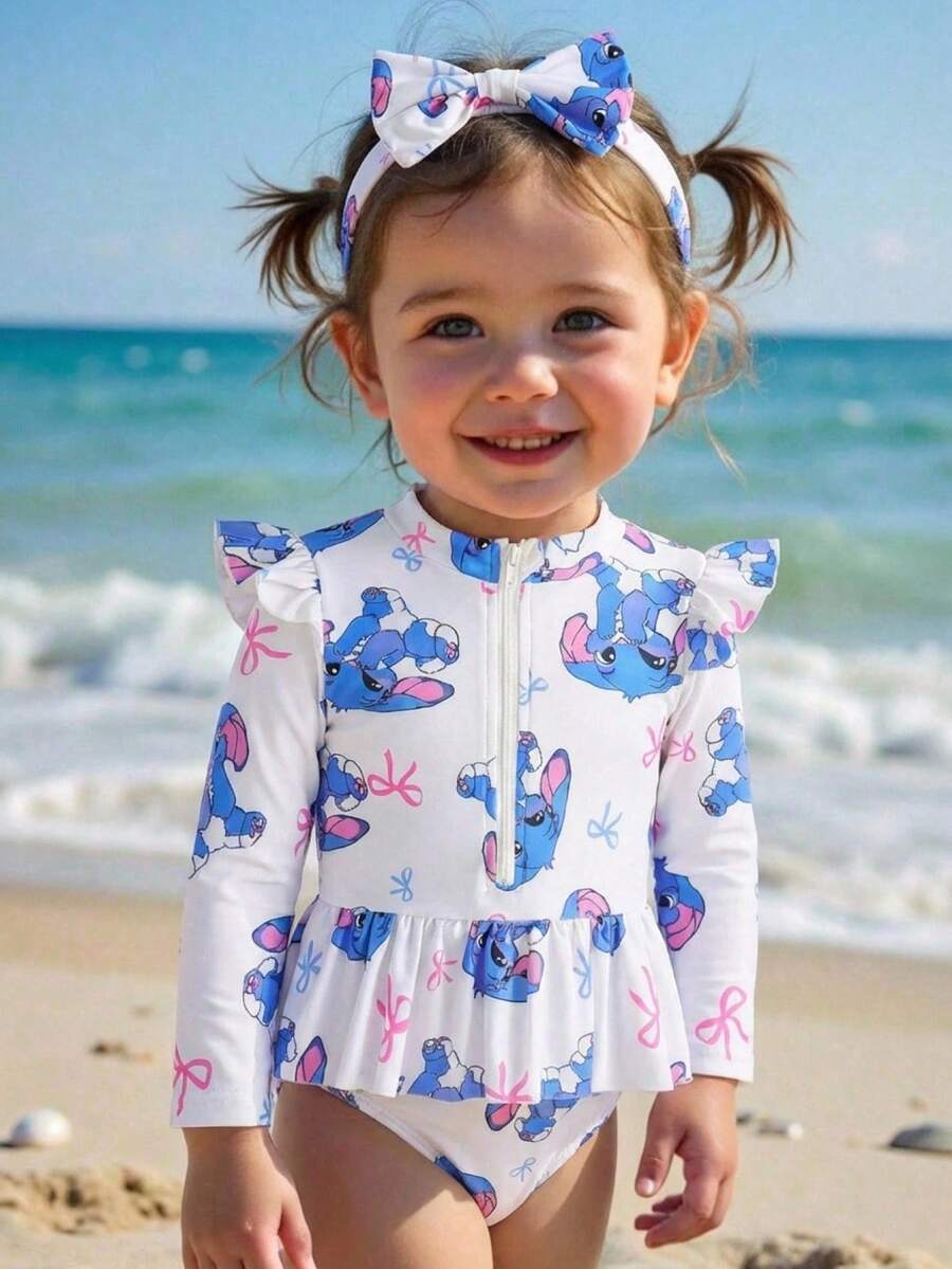 SHEIN 女婴可爱蝴蝶结兔子和大象印花发带（2件套）；女婴荷叶边袖泳衣；女婴拉链泳衣；女婴长袖泳衣；女婴防晒泳衣；幼儿女童长袖泳衣；幼儿防晒泳衣；女童可爱动物印花泳衣；幼儿夏季套装；亲子泳装 - 藍色 - 查看 1