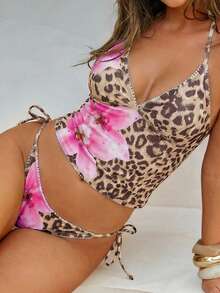 Swim Glamine 甜美花卉印花黄色格子比基尼套装，休闲春夏海滩派对度假两件套 - 玫紅色 - 查看 5