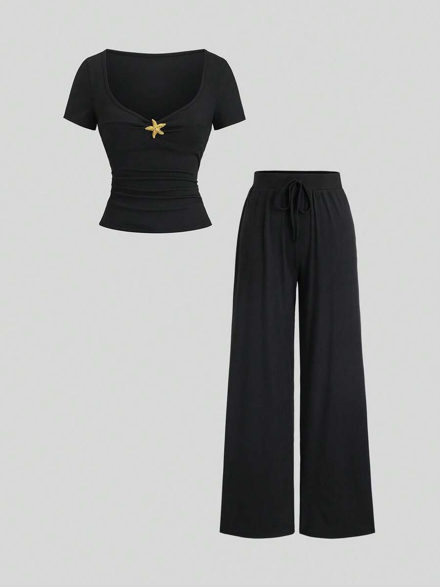 Sweetra Women's Metal Starfish Decor Short Sleeve T-Shirt And Pants Casual 2 Pieces Set, Spring/Summer - Black - View 1