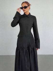 Siren Gaze Bộ đồ thời trang hẹn hò dành cho nữ, gồm áo tay dài xếp ly kẻ sọc và chân váy. - màu đen - Xem 3