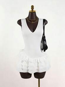 SaltGleam SaltGleam 性感美人鱼白色夏季束腰深V领连衣裙 - 白色 - 查看 3