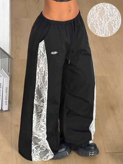 Coolane Women's  Summer Streetwear Casual Going Out  Sport Game Day Homecoming Vintage Contrast Lace Color-Blocked Low Rise Baggy Parachute Pants