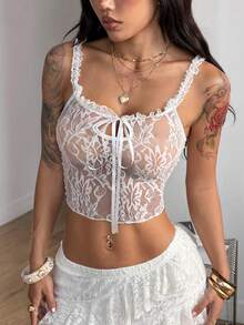 Coolane 女士春夏演唱会服装 锐舞服装 音乐节外出锐舞服装 Y2K蕾丝白色露脐上衣 - 白色 - 查看 5