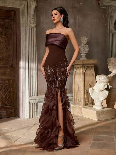 Aureia 优雅棕色弹力针织不对称肩部拼接奢华3D珠饰透视长袖高腰显瘦侧开衩下摆奢华3D亮片不对称夸张层叠荷叶边鱼尾连衣裙，适合约会、度假、商务正式场合、婚礼和女士正式场合。