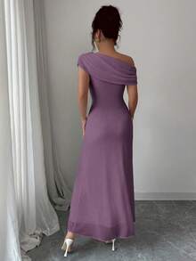 Modelyn Đầm dạ hội nữ bằng vải lưới, vai bất đối xứng, xếp ly, vạt bồng, kiểu Pháp thanh lịch, tinh khiết. - Màu tím - Xem 2