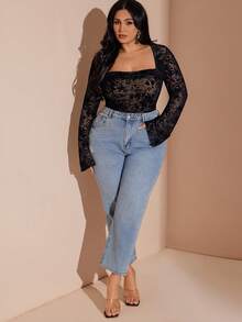 SHEIN BAE Áo liền thân cỡ lớn thanh lịch cổ vuông buộc dây dành cho nữ, Áo liền thân cỡ lớn màu đen in họa tiết hoa nhung cho mùa xuân, thu và đông; Cổ vuông; Tay dài loe; Thích hợp để mặc ngoài các áo liền thân khác; Thanh lịch, gợi cảm và ngọt ngào; Hoàn hảo cho các buổi hẹn hò, kỳ nghỉ hoặc đi làm. - màu đen - Xem 4