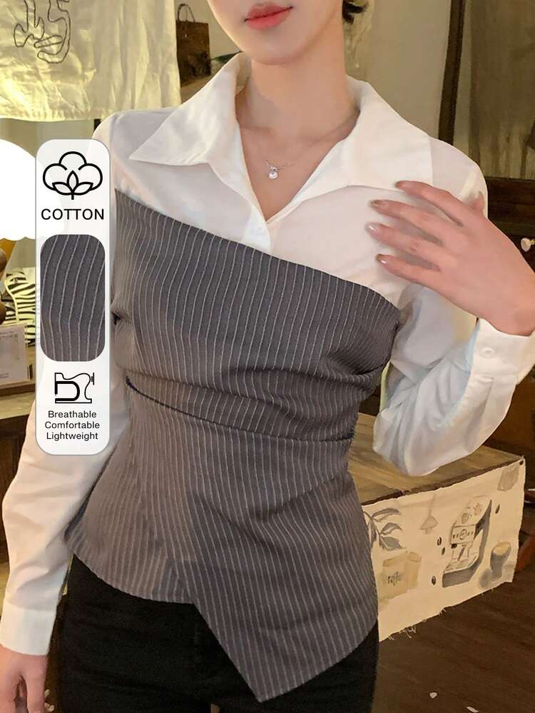 Women's Casual Striped Pleated Asymmetric Hem Long Sleeve Shirt