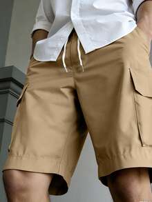Manfinity Dauomo Men's Summer Casual Fashionable Street Daily Commute Solid Color Drawstring Waist Flap Pocket Cargo Shorts - Khaki - View 4