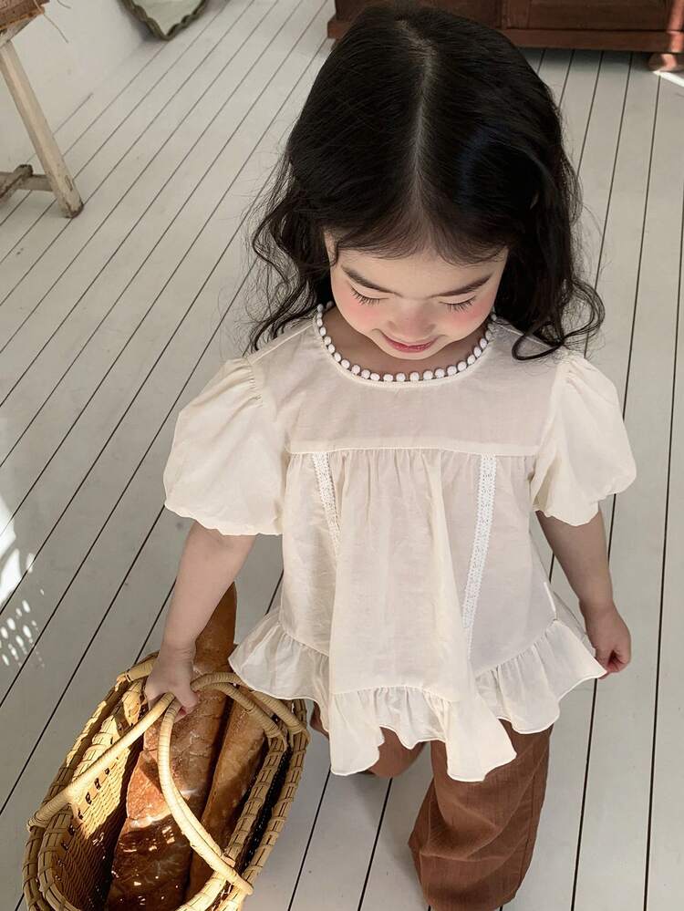 Baby Girl Pastoral Fresh Sweet Solid Color Petal Sleeve Shirt And Pants Set Summer