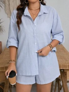 SHEIN Unity 大碼秋季女裝返校裝條紋開衫襯衫，配調節袖短褲套裝 - 藍白色 - 查看 5