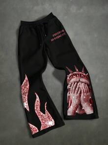 Manfinity EMRG Men's Casual Fashion Street Rhinestone Liberty Statue & Flame Letter Print Drawstring Waist Loose Sweatpants - Black - View 1