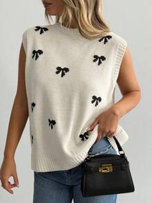 SHEIN Sleeveless Knit Sweater With Back Tie & Bow Pattern Vest - Apricot - View 5