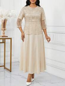 SHEIN Lady 女士亮片网纱七分袖上衣和连衣裙优雅两件套 - 藍色 - 查看 5
