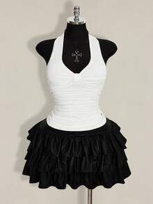 SHEIN ICON Plus Size Black Halter Ruched Backless Top, Bow Tie, Suitable For Vacation, Music Festival, Punk - White - View 3