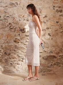 lacRébo 花卉图案中长网纱半身裙，配以透明腰带，精致优雅，适合春夏法式巴黎风情。 - 彩色 - 查看 5