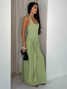 Glamine Sage Green Square Neck Sleeveless Ruched Maxi Dress,Elegant Summer Dinner Date Outfits,Prom Graduation Wedding Party,Resort Vacation Casual Style - Green - View 4