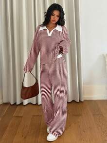 Siren Gaze Women's 2pcs Set Loose Striped V-Neck Drop Shoulder Long Sleeve T-Shirt &Elastic Waist Striped Pants, Winter Sweater Suit ,Autumn/Winter Comfy Two Piece Set 2 Piece Lounge Sets Woman Striped Two Piece Set Lounge Wear Women Set Comfortable Two Piece Set - Red and White - View 5