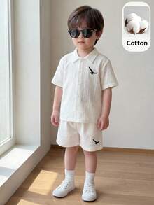 SHEIN Young Boy's Cute Summer Holiday White Printed Shirt And Elastic Waist Shorts Set,Cotton Linen Matching Outfit For Family Vacation,Birthday Party,Rave - Multicolor - View 4