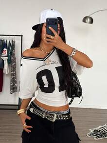 Muchica Áo thun ngắn tay nữ in họa tiết phối màu tương phản - trắng - Xem 6