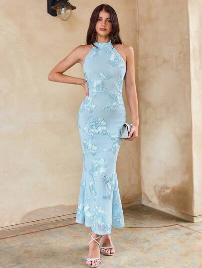  Enchnt Summer Romantic Women's Blue 3D Embroidered Mesh Slim Fit Tie-Up Bow Mermaid Maxi Dress,Sweet&Elegant Dresses For Wedding, Vacation&Party&Date&Easter&Social&Going Out, Bridal Shower Dresses,Summer Outfit Women