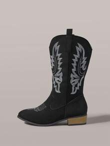 Styleloop Botas femininas de cano médio, estilo boêmio, retrô americano, boho, estilo western, perfeitas para o Festival de Música Coachella e para festas. - Pano preto - Ver 3