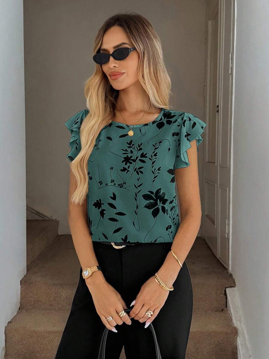 Easowa 春季廓形花卉印花荷叶边下摆圆领女式衬衫 - 薄荷藍 - 查看 1