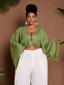Maweii 加大码绿色长袖深V领扭结度假性感上衣 - 綠色 - 查看 1