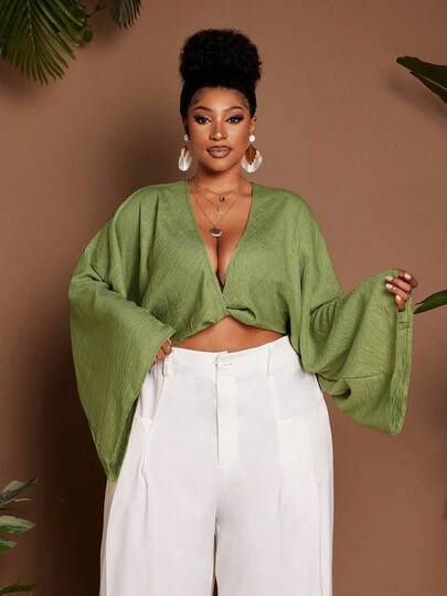 Maweii 加大码绿色长袖深V领扭结度假性感上衣