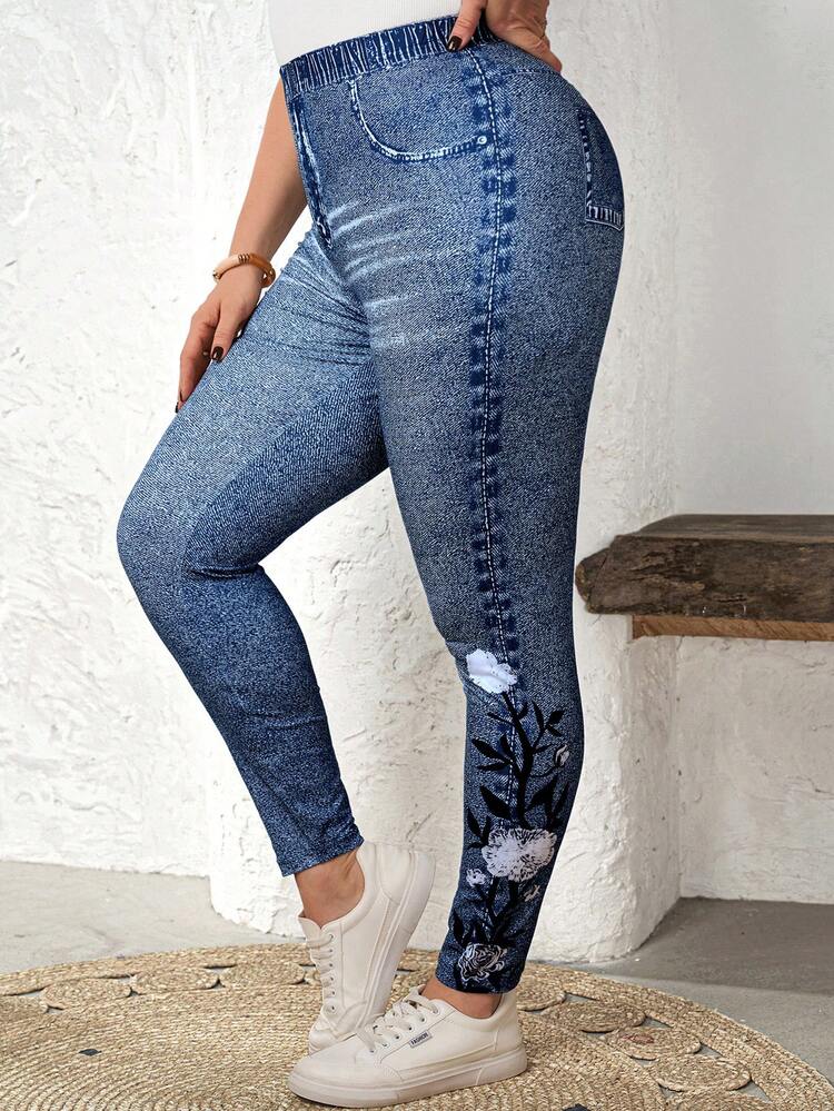 Plus Size Women's Summer Casual Vacation Country Faux Denim Effect Print Floral Print  Flowers Elastic Waist Casual Blue Leggings,Summer\Vacation,Summer Holiday,Spring Break Outfits ,Vacation Outfits Women ,Holiday Outfits For Women,Going Out Outfits,2026 New Clothes,Simple And Fashionable For Everyday Wear,Suitable For Summer, Vacation, Daily Wear