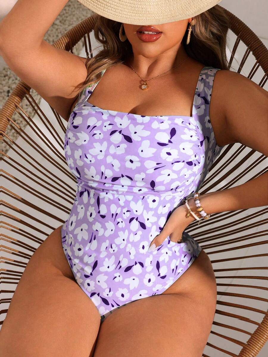 SHEIN Swim Curve 大码女式时尚印花连体无袖泳衣 大码泳衣 - 彩色 - 查看 1