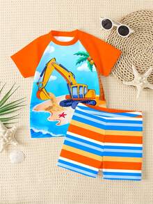 SHEIN 男宝宝经典时尚休闲度假风，可爱挖掘机图案，沙滩风，撞色拼接，多巴胺色条纹，适合夏季、海滩、度假、游泳，修身圆领短袖短裤泳衣套装 - 彩色 - 查看 2